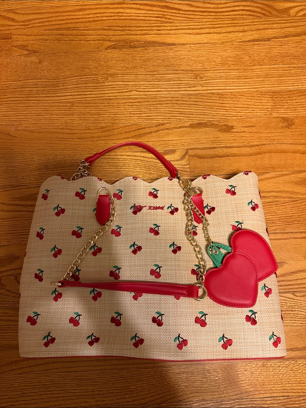 Betsey Johnson Red Cherry Straw Tote with Heart Charm